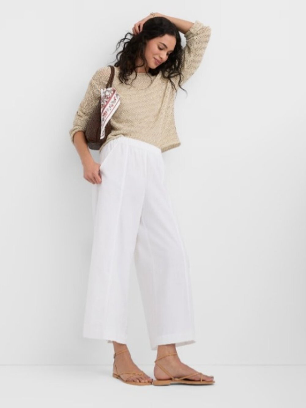 LOFT White Linen Pull on Crop Pants sz L, NWT